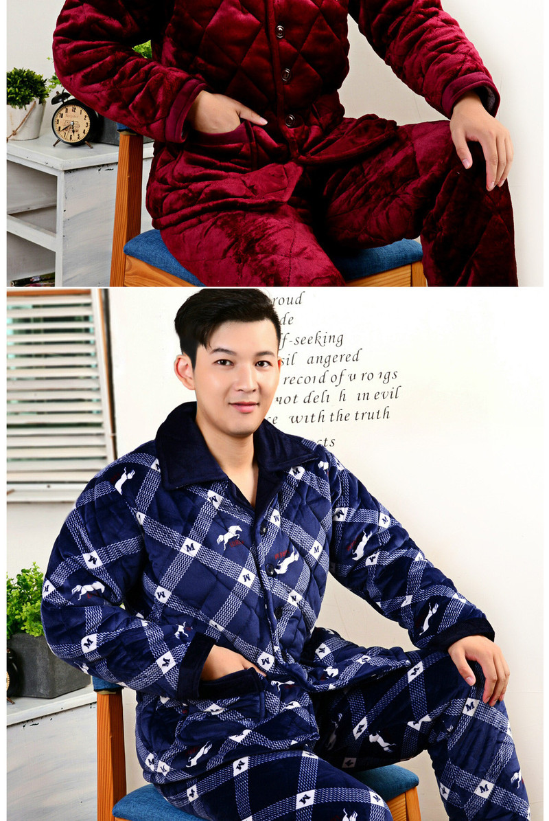 冬天家居服三层夹棉睡衣男加厚套装中老年家居服保暖棉衣