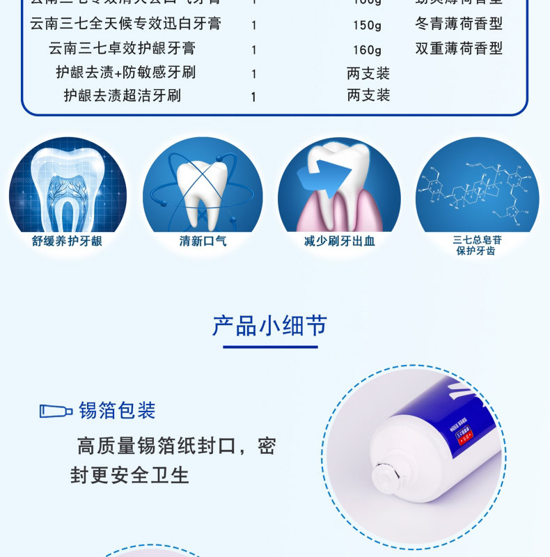 云南三七牙膏牙刷护龈迅白清火组合 修护口腔黏膜美白牙齿去牙渍牙膏3盒牙刷4支