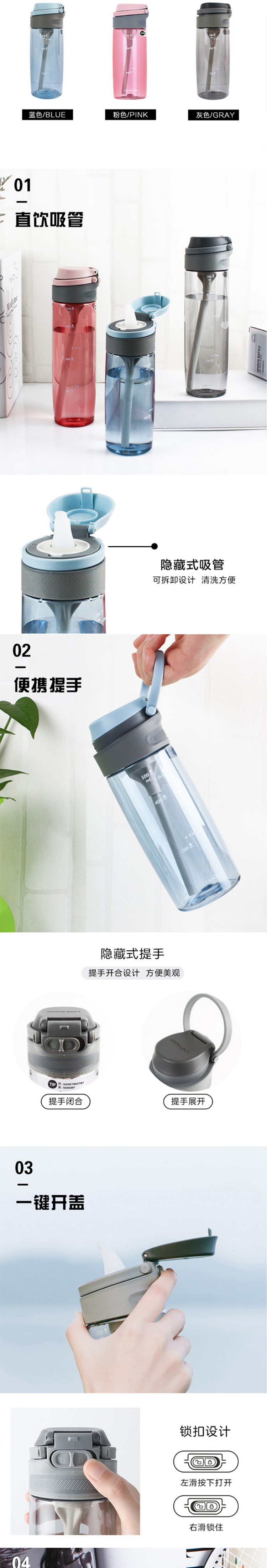 乐扣乐扣 一键式吸管水杯 便携防漏运动水壶 带刻度学生塑料水杯子ABF764GRY 550ml