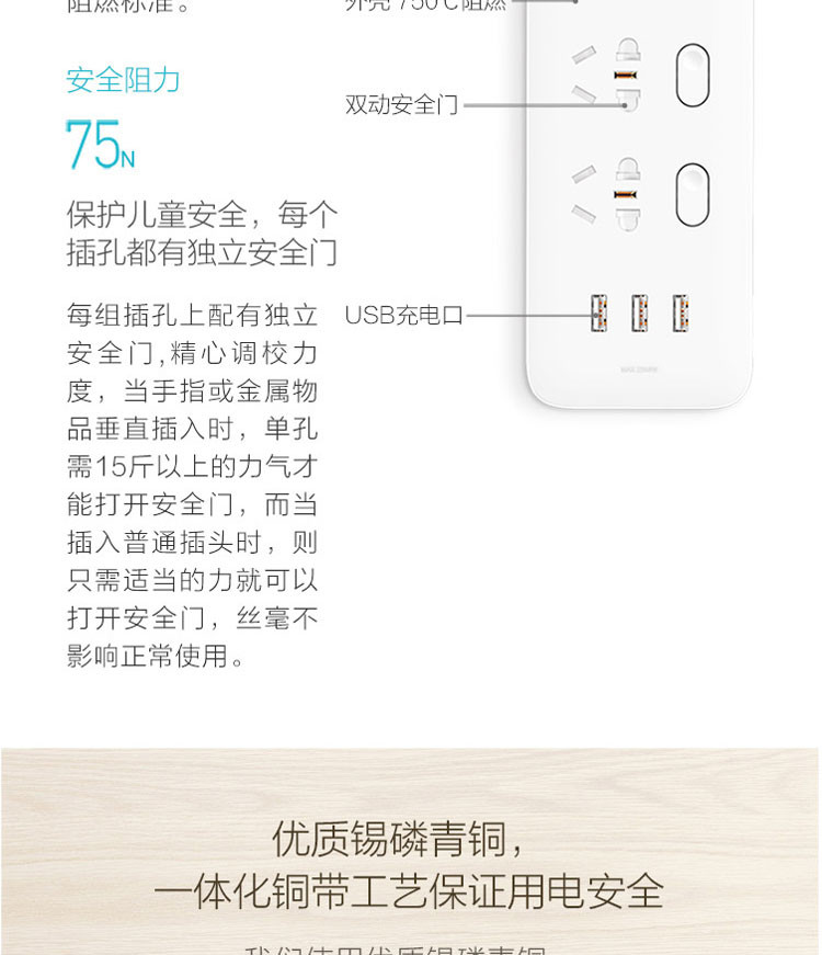 小米/MIUI 米家四位四控插线板（含3口USB 2A快充）YX