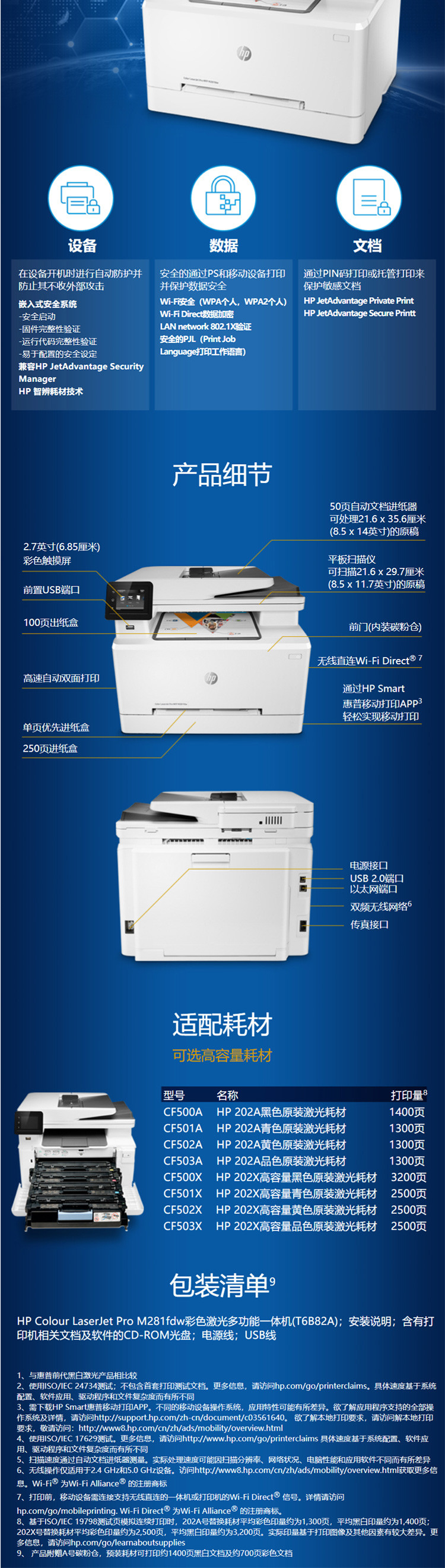 惠普/HP Colour LaserJet Pro M281fdw彩色激光打印机 多功能一体机