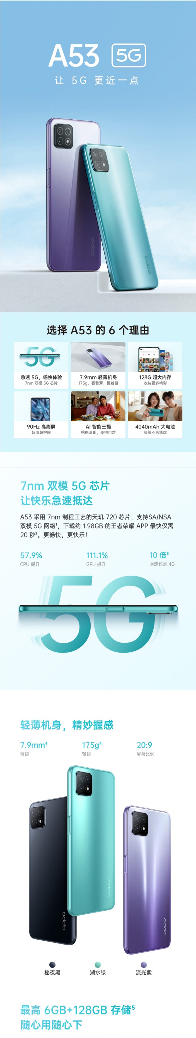 OPPO A53 6GB+128GB 5G AI智能三摄 全面屏拍照视频游戏全网通手机