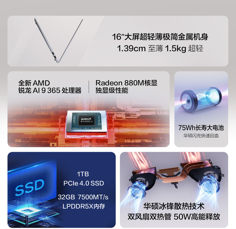 华硕/ASUS 无畏Pro16 2024 锐龙AI 9 16英寸32G 1T