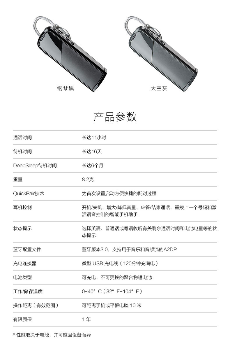 缤特力（Plantronics）E80 蓝牙耳机 无线 立体声 手机通用型 灰色