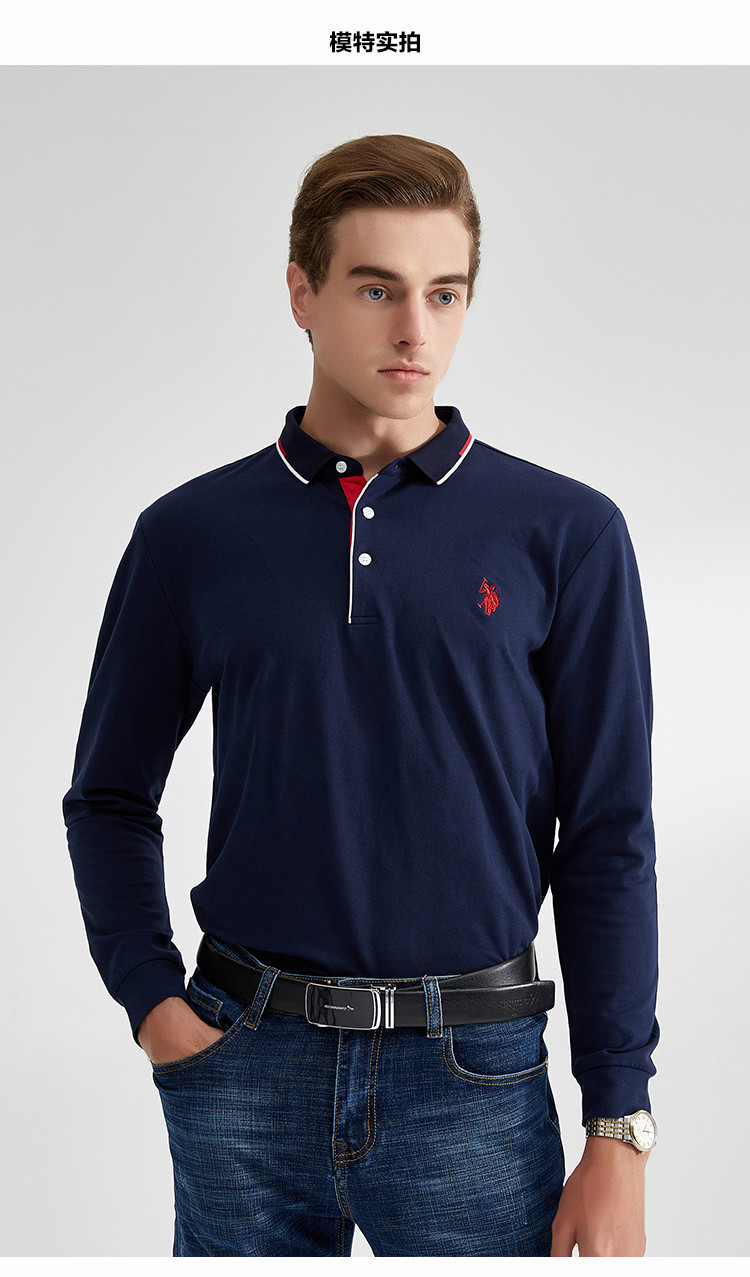 U.S.POLO ASSN.美国马球协会男19年秋季撞色领长袖POLO衫外穿翻领6193105072