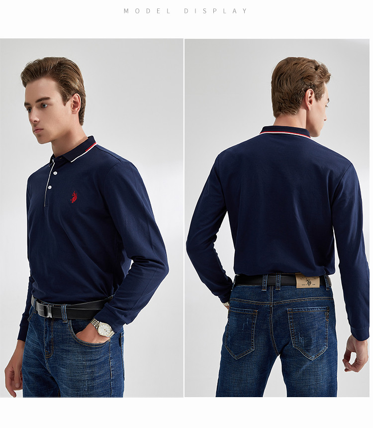 U.S.POLO ASSN.美国马球协会男19年秋季撞色领长袖POLO衫外穿翻领6193105072