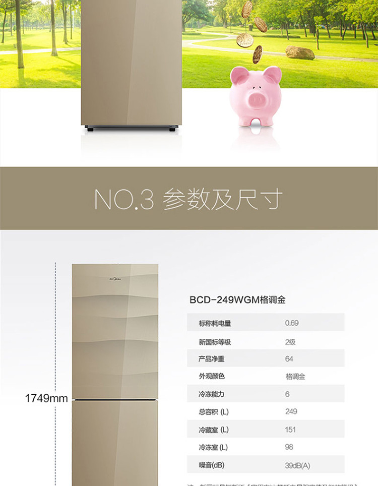 美的（Midea）249升 两门冰箱 风冷无霜 节能保鲜 格调金 BCD-249WGM