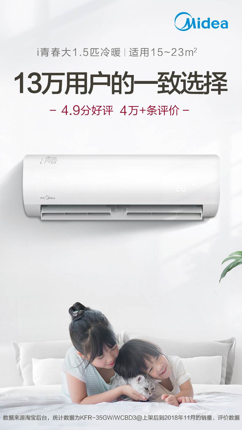 美的（Midea）KFR-35GW/WCBD3@ 大1.5匹智能冷暖壁挂式家用空调挂机