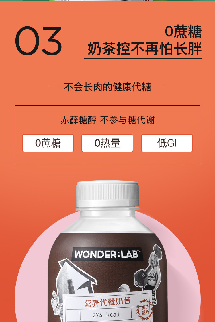 WonderLab小胖瓶嚼嚼代餐奶昔奶茶 早餐粉低粥热量脂饱腹食品6瓶