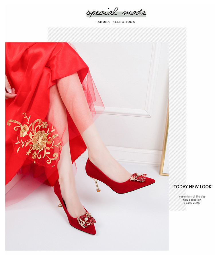 婚鞋女水晶2019新款新娘鞋酒红色礼服中式秀禾鞋孕妇伴娘细跟单鞋