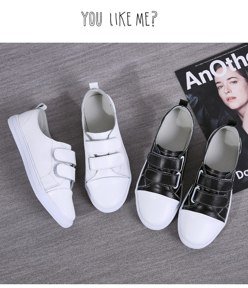新款魔术贴小白鞋单鞋韩版时尚休闲鞋真皮学生平底鞋