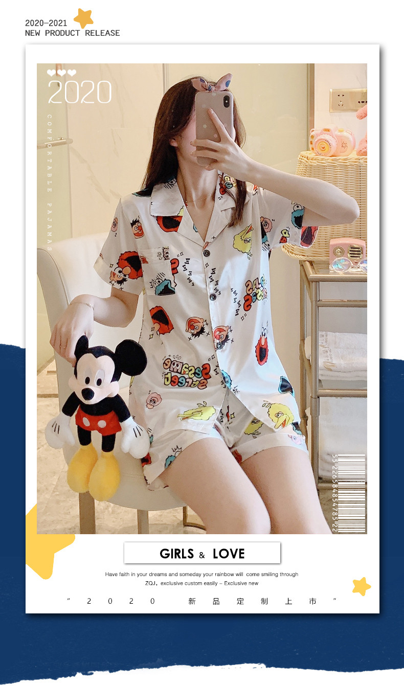 睡衣女夏季韩版卡通短袖冰丝薄款学生性感薄款甜美清新家居服套装