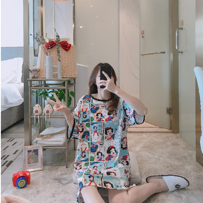 韩版睡裙夏季薄款学生可爱睡衣女2020新款中长款短袖卡通家居服