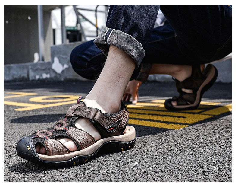 头层牛皮凉鞋男夏季真皮软底运动户外休闲韩版防滑包头透气沙滩鞋