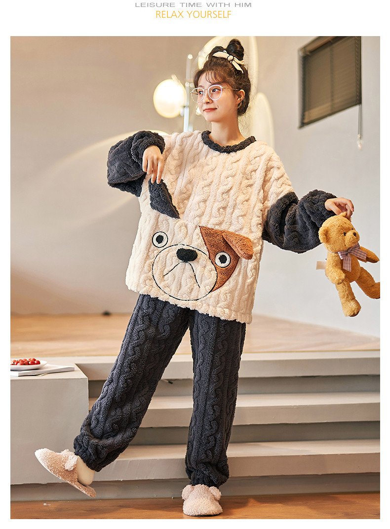 睡衣女秋冬季加厚保暖珊瑚绒两件套装韩版圆领卡通学生可爱家居服