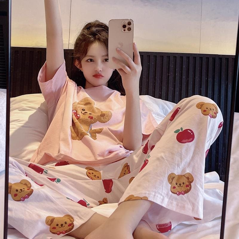 启言 新款韩版大码睡衣套装纯棉夏季短袖薄款少女款网红风家居服