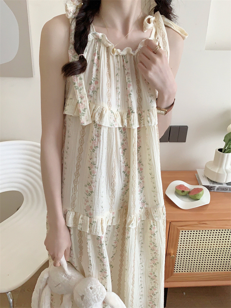 启言 韩国ins女士夏季新款睡衣韩系花色减龄套装休闲舒适连衣裙家居