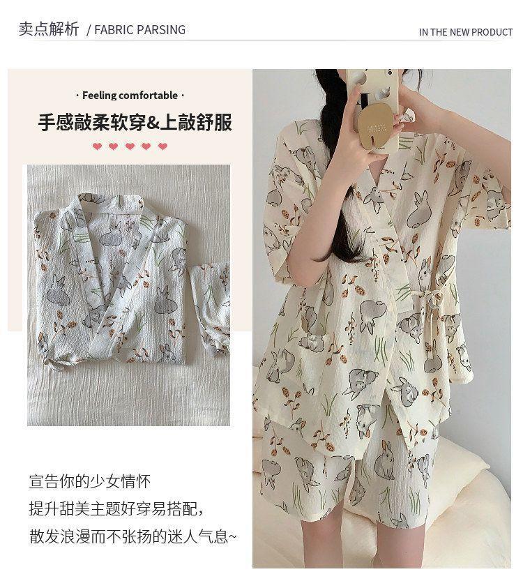 启言 日系短袖和服睡衣女士夏季休闲大码家居服套装泡泡邹布新款网红夏