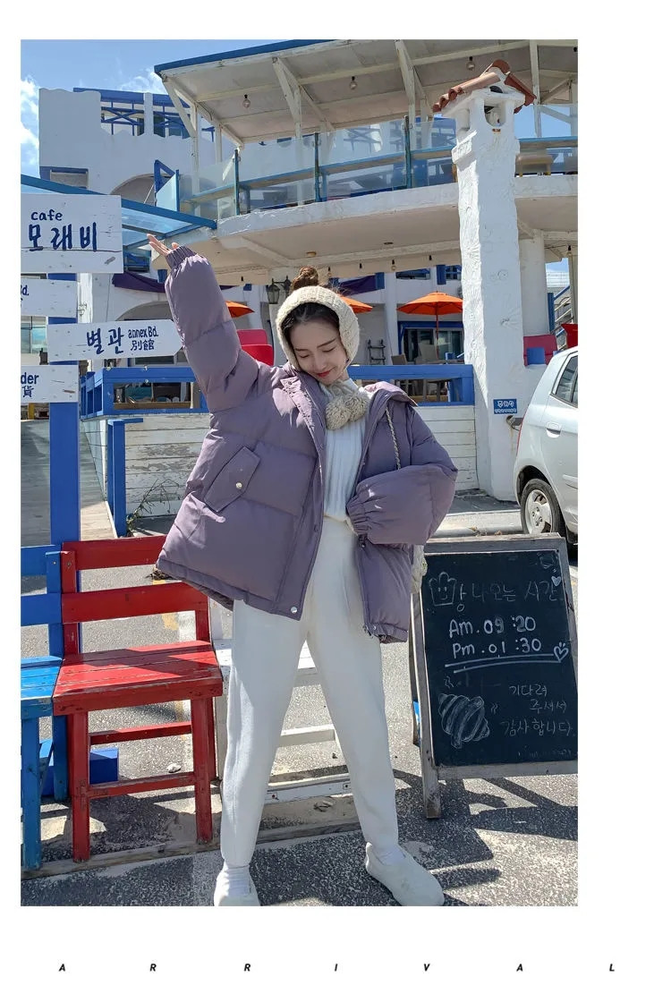 2020年新短款紫色棉服棉衣棉袄女韩版宽松羽绒学生面包服冬季外套