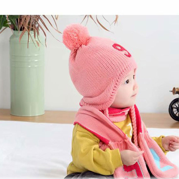滢贝童话 秋冬宝宝毛线帽子儿童加绒女童婴儿1-2-3岁男童女孩针织帽两件套