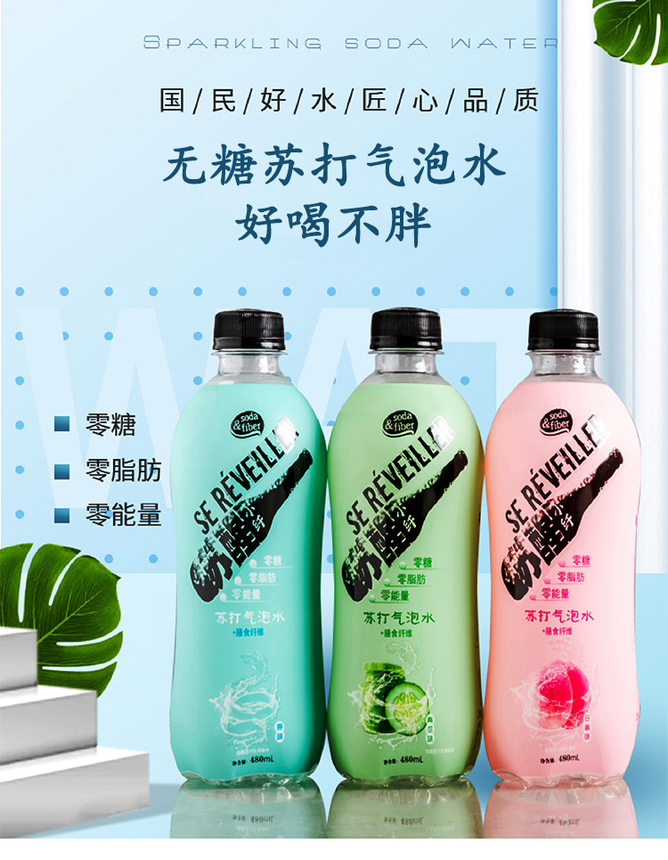 青可儿 膳食纤维苏打气泡水 青瓜味480ml*12瓶  整箱多口味零糖零脂含气苏打水