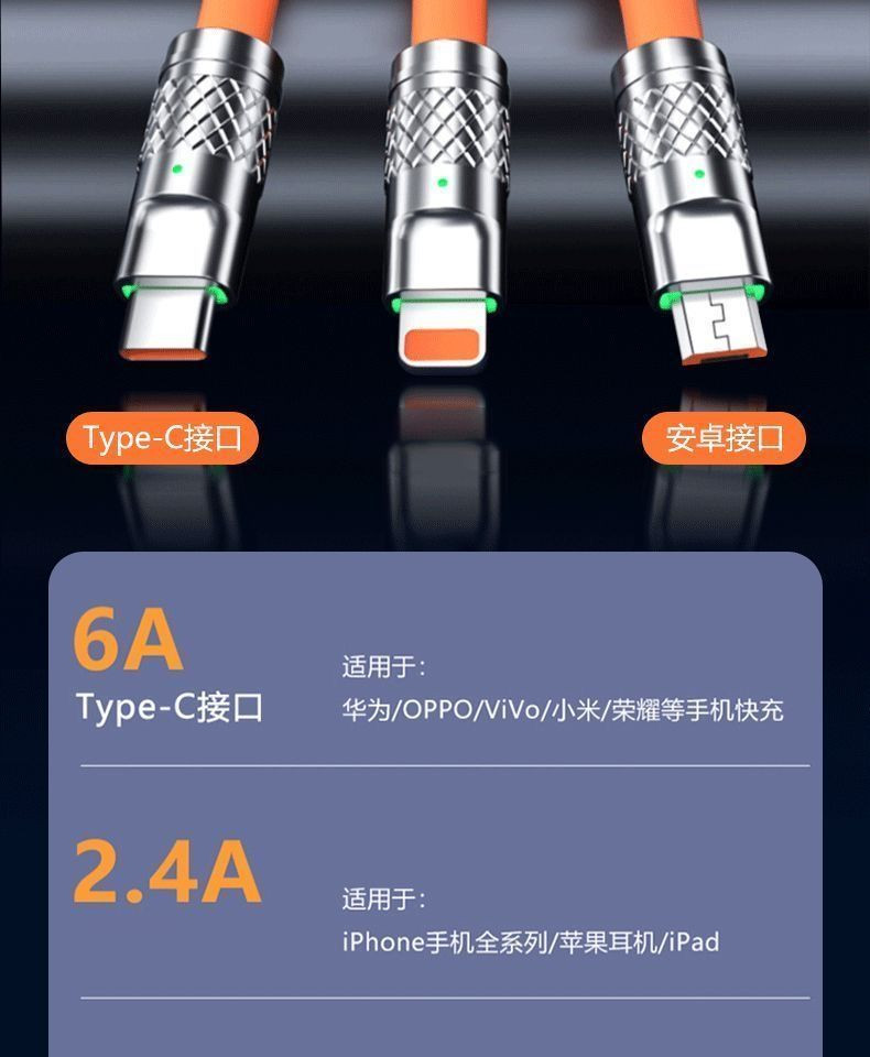 大牛哥 数据线 闪充一拖三数据线适用多功能手机充电线1.2米包邮