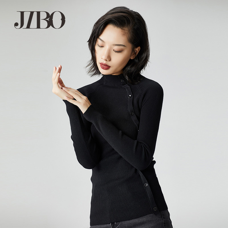 JIBO/集播时尚斜扣立领长袖毛衣