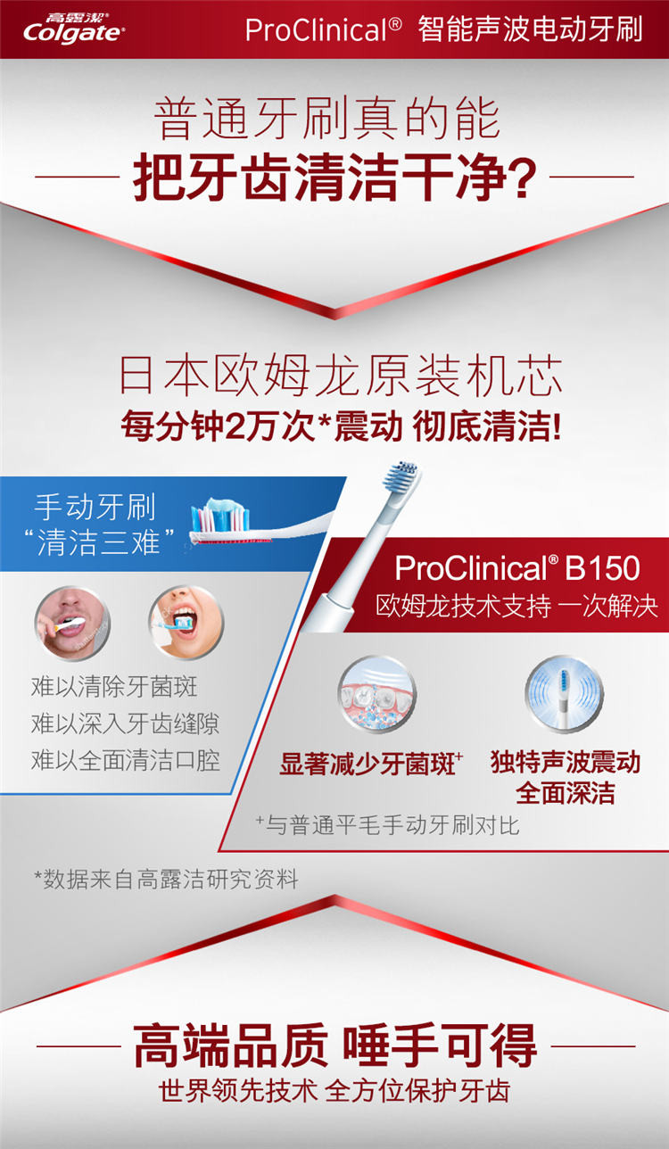 高露洁/Colgate 电动牙刷3D声波洁齿ProClinical B150/苹果版E1充电式超声波