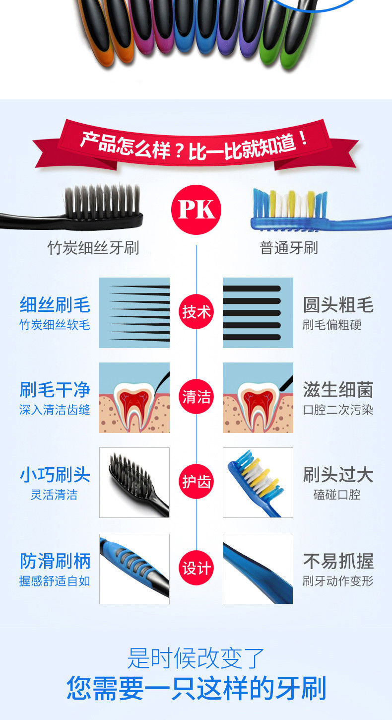 10支超柔竹炭软毛牙刷竹炭超细丝毛情侣小麦成人牙刷牙膏家庭装