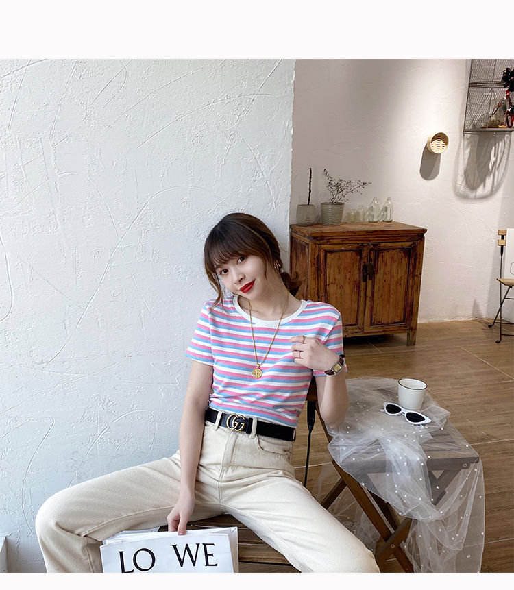 95棉网红条纹短袖t恤2020年夏季新款女装修身上衣学生韩版打底衫