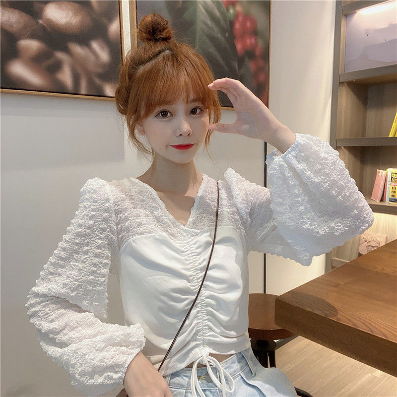 秋季新款2020韩版抽绳褶皱拼接白色针织衫女设计感泡泡长袖上衣潮