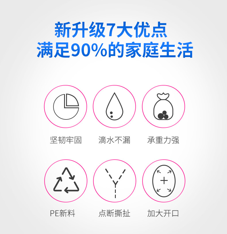 【9元秒杀价】5卷 100只 加厚平口彩色垃圾袋点断式手提家用办公黑色抽绳塑料袋