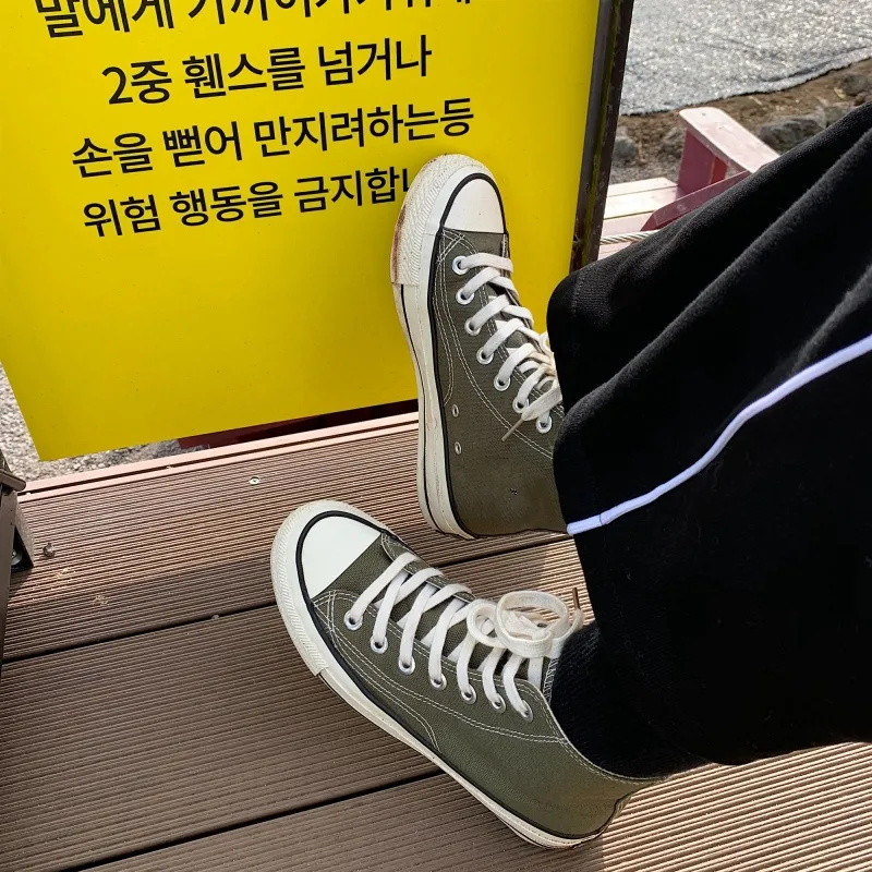 【百搭】高帮帆布鞋女学生韩版百搭复古学院风原宿街拍拼色2020新款鞋子春