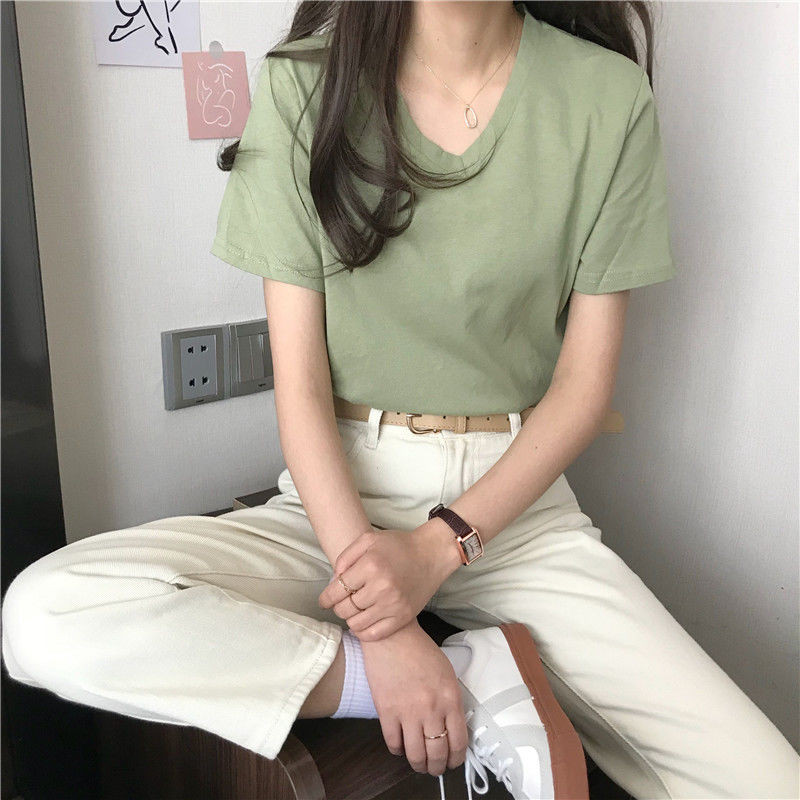 夏季V领纯色短袖t恤女2021年新款韩版宽松内搭打底上衣网红ins潮