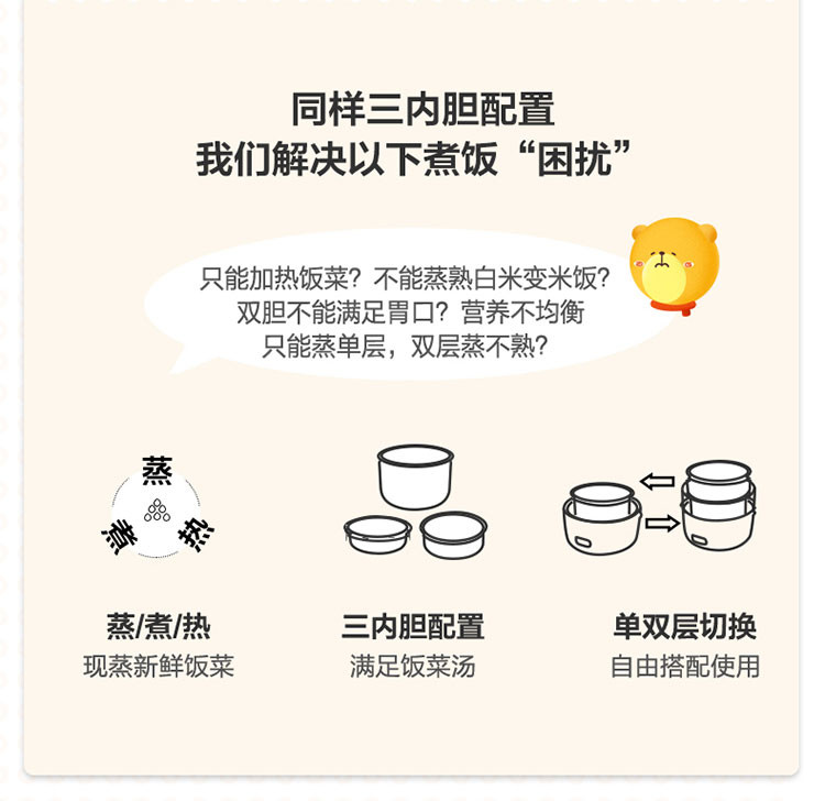 小熊（Bear）多功能蒸煮电热饭盒上班族可插电加热保温饭盒 三层不锈钢内胆 2L DFH-S263