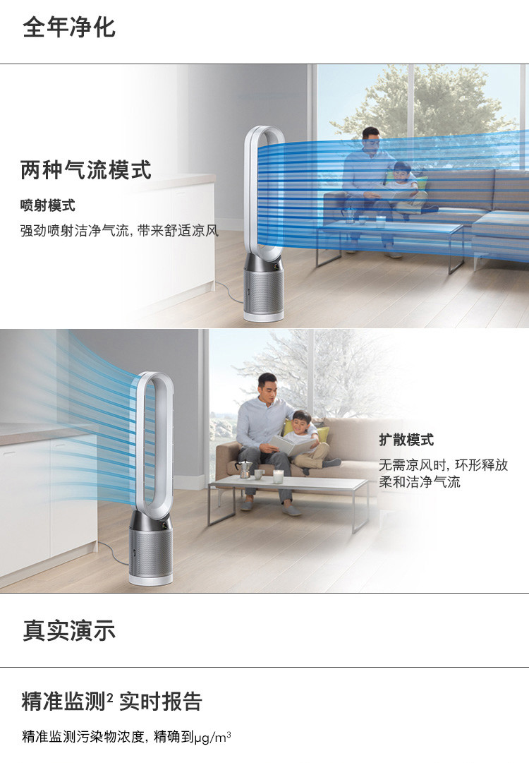 戴森（DYSON）空气净化循环扇 兼具空气净化器和循环扇功能 智能塔式 TP04（银白色/铁蓝色）