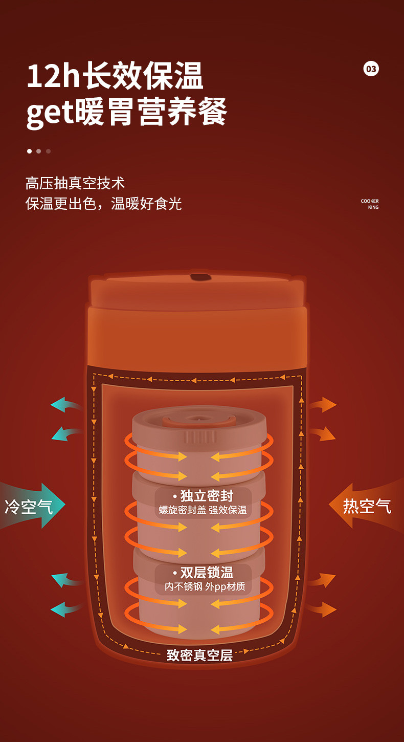 炊大皇304不锈钢大容量保温桶学生儿童保温饭盒真空保温提锅2.0L (米白色)