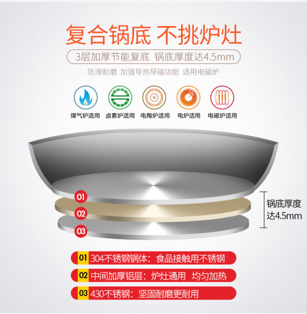  炊大皇蒸锅304不锈钢三层26cm加厚复底家用蒸馒头锅具电磁炉通用