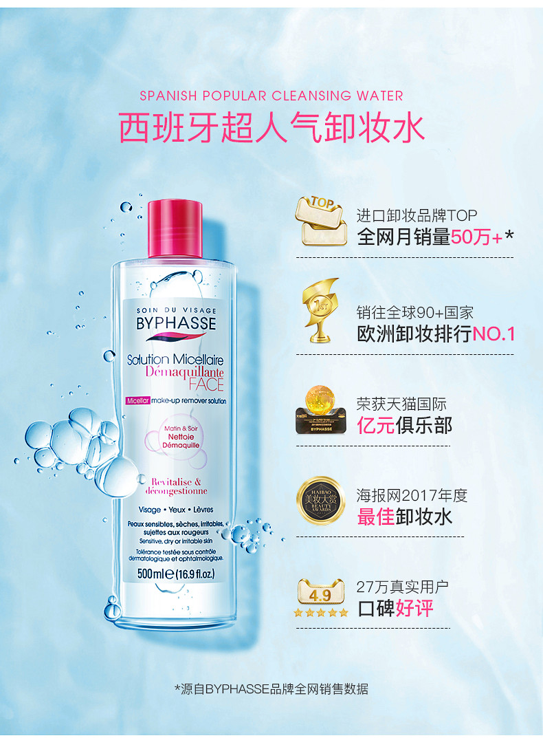 byphasse蓓昂丝卸妆水脸部清洁眼唇脸卸妆液蓓昂斯500ml