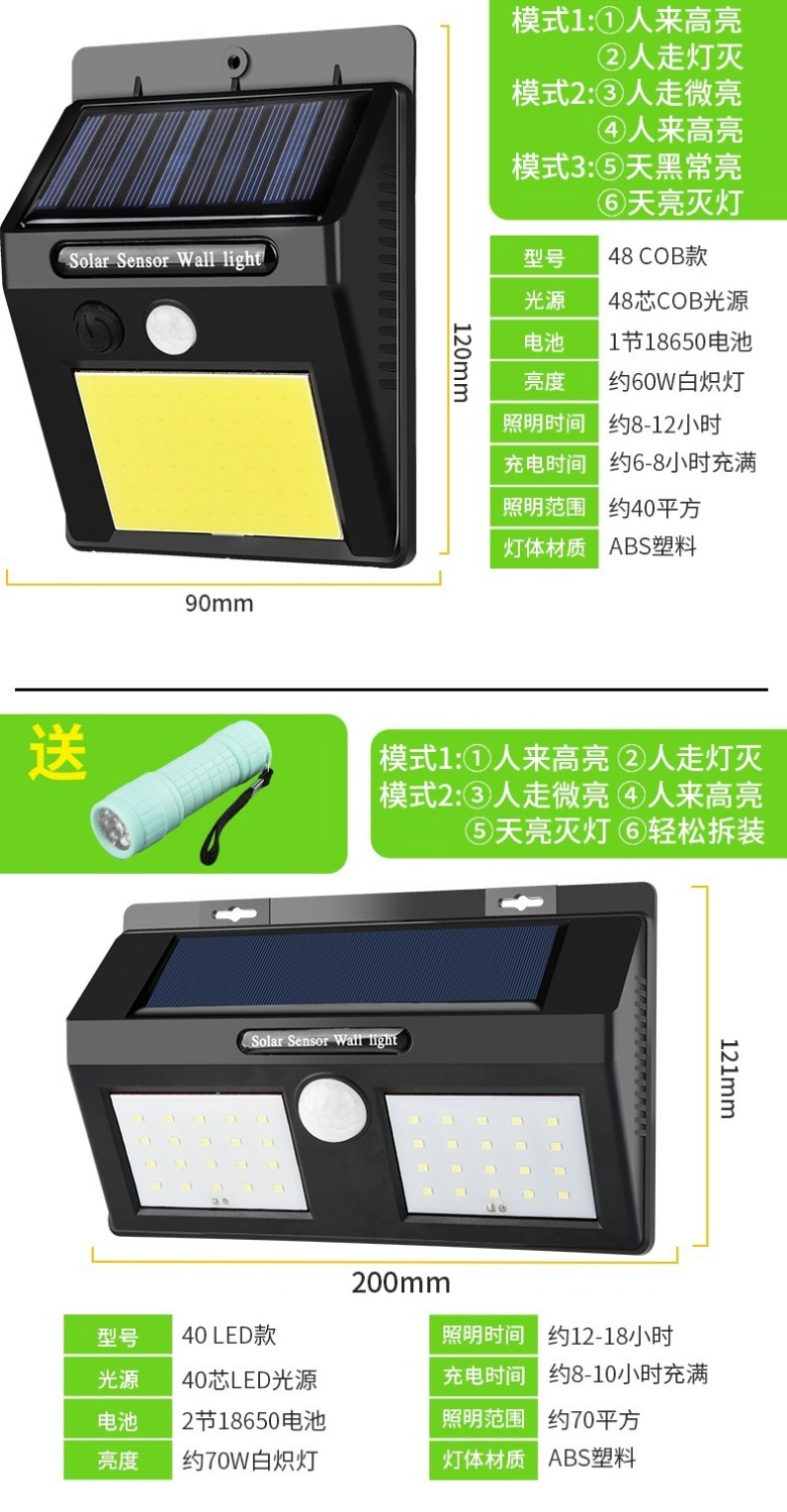 太阳能灯户外庭院灯超亮壁灯家用新农村照明路灯人体感应灯手电筒