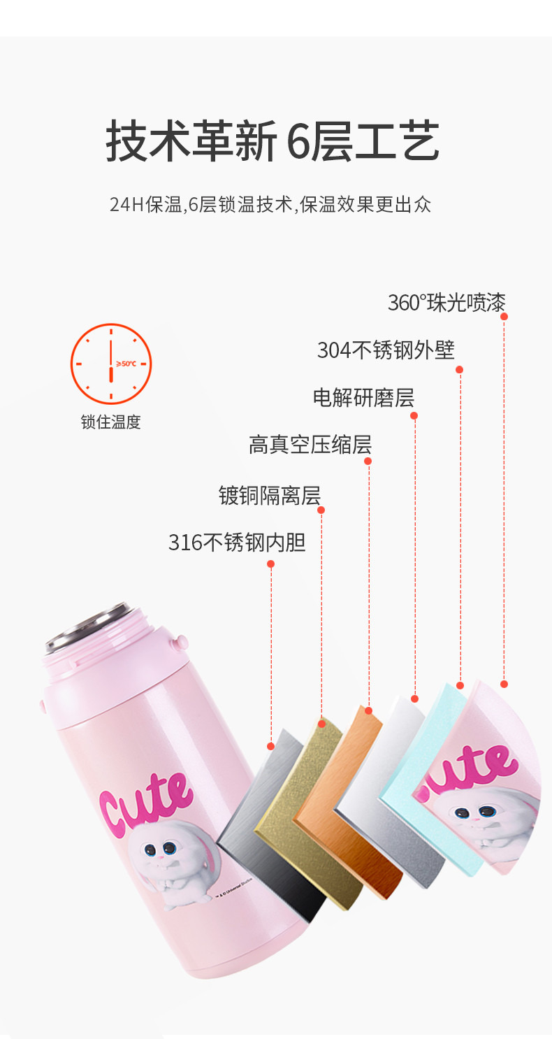 爱宠316不锈钢萌宠兔宝背带真空弹跳吸管杯保温杯壶410ml