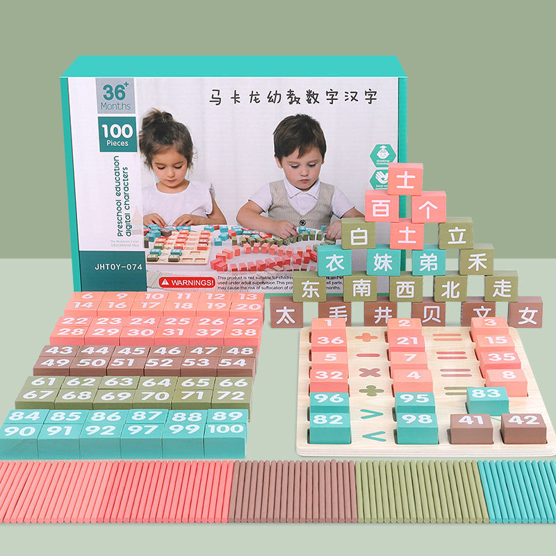 识字木质积木玩2-3-5-6周岁男女孩幼儿童早教益智木制多米诺玩具