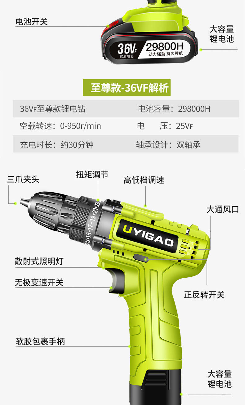 12V手电钻16.8电钻充电钻手.枪钻21V多功能家用电动螺丝刀钻锂电钻