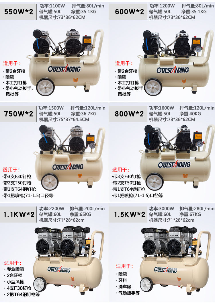 奥突斯气泵空压机小型空气压缩机充气无油静音220V木工喷漆冲气泵