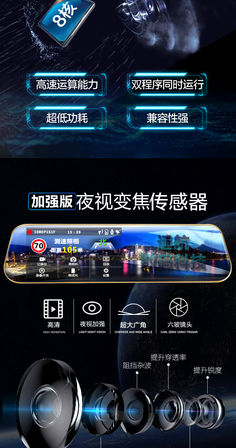 高清行车记录仪电子狗测速夜视双镜头倒车影像停车监控导航一体机L