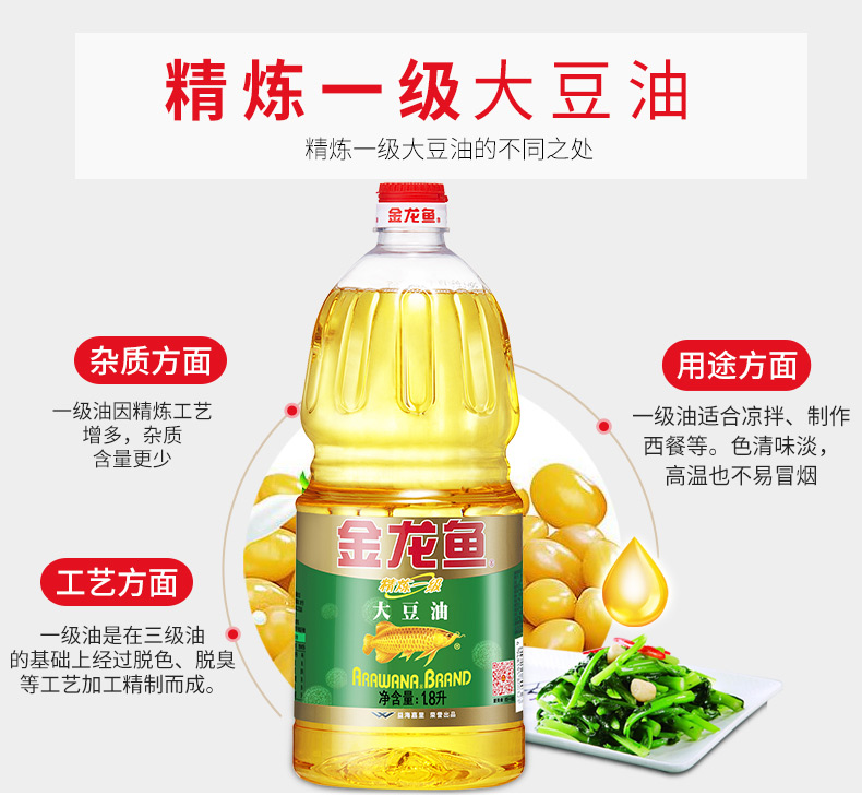 金龙鱼大豆油1.8L色拉油小瓶食用油桶装植物家用精炼一级烘焙蛋糕