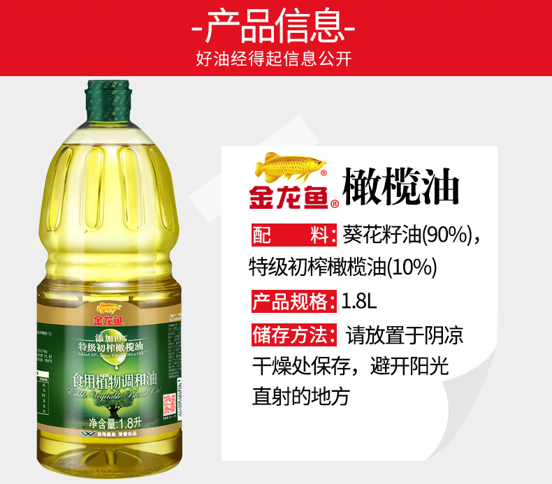 金龙鱼食用橄榄调和油食用油含10%特级初榨橄榄油1.8L共2瓶礼盒装