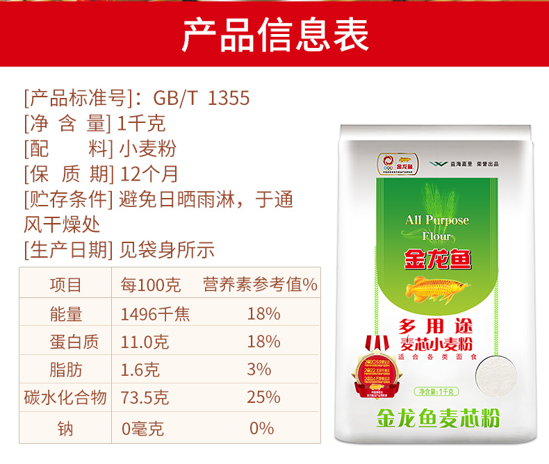 金龙鱼多用途麦芯粉1kg/包共3包家用装馒头麦芯精华面粉小麦粉6斤