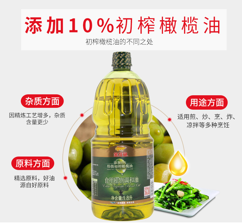 金龙鱼食用橄榄调和油食用油含10%特级初榨橄榄油1.8L共2瓶礼盒装