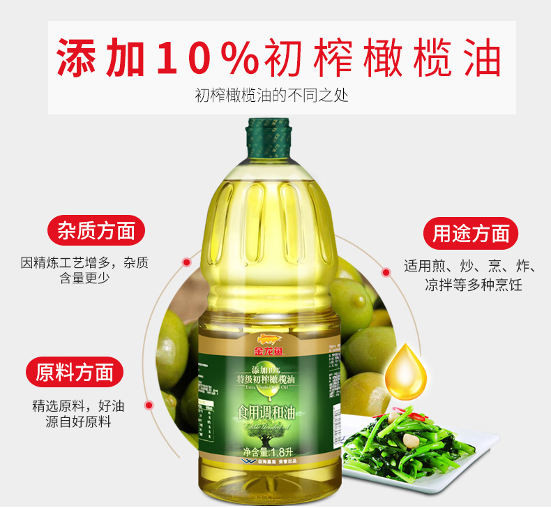 金龙鱼橄榄原香型食用调和油1.8L/瓶家用橄榄油食用油植物油粮油